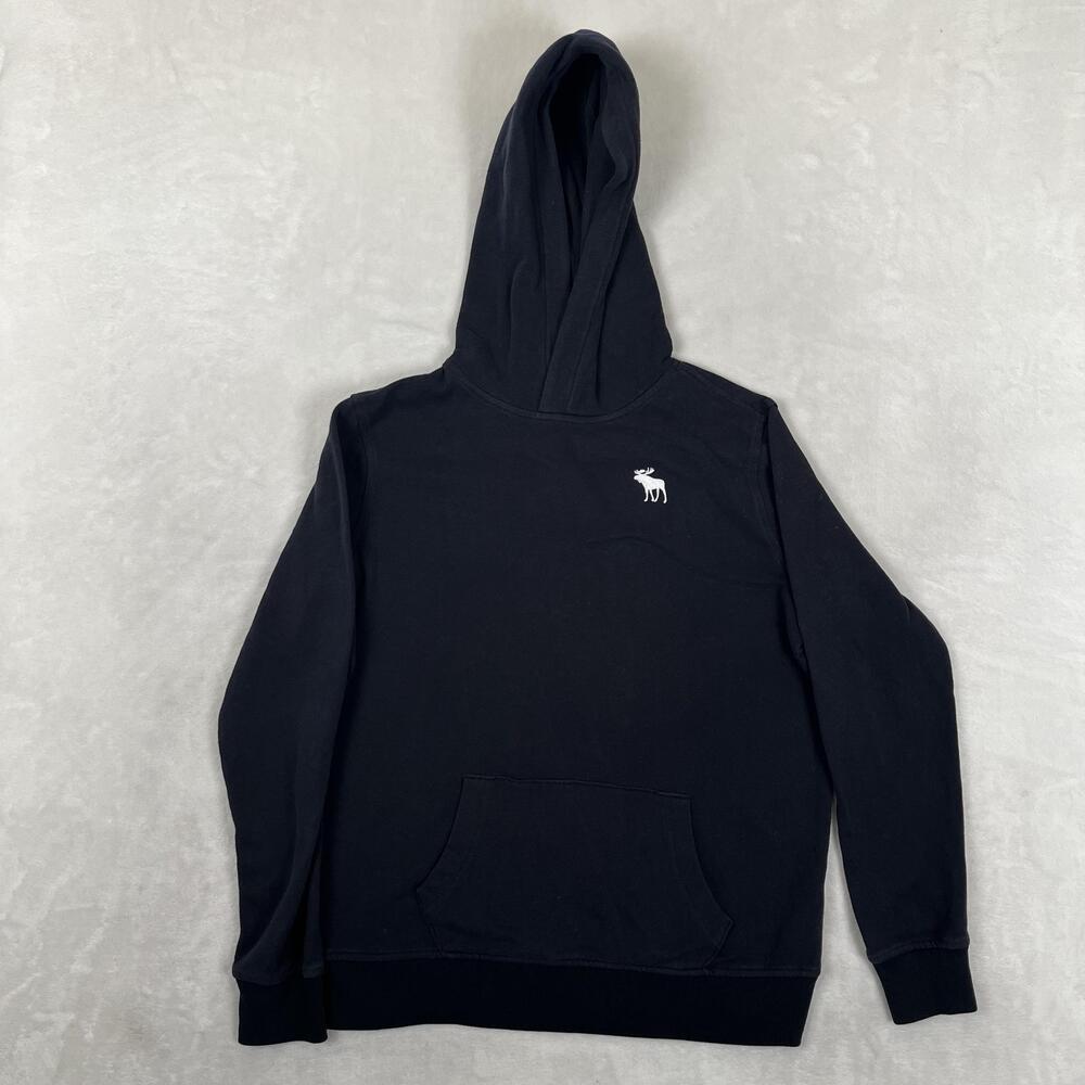 Abercrombie Kids Hoodie Youth 15-16 Black Moose Logo Fleece Pullover Sweatshirt